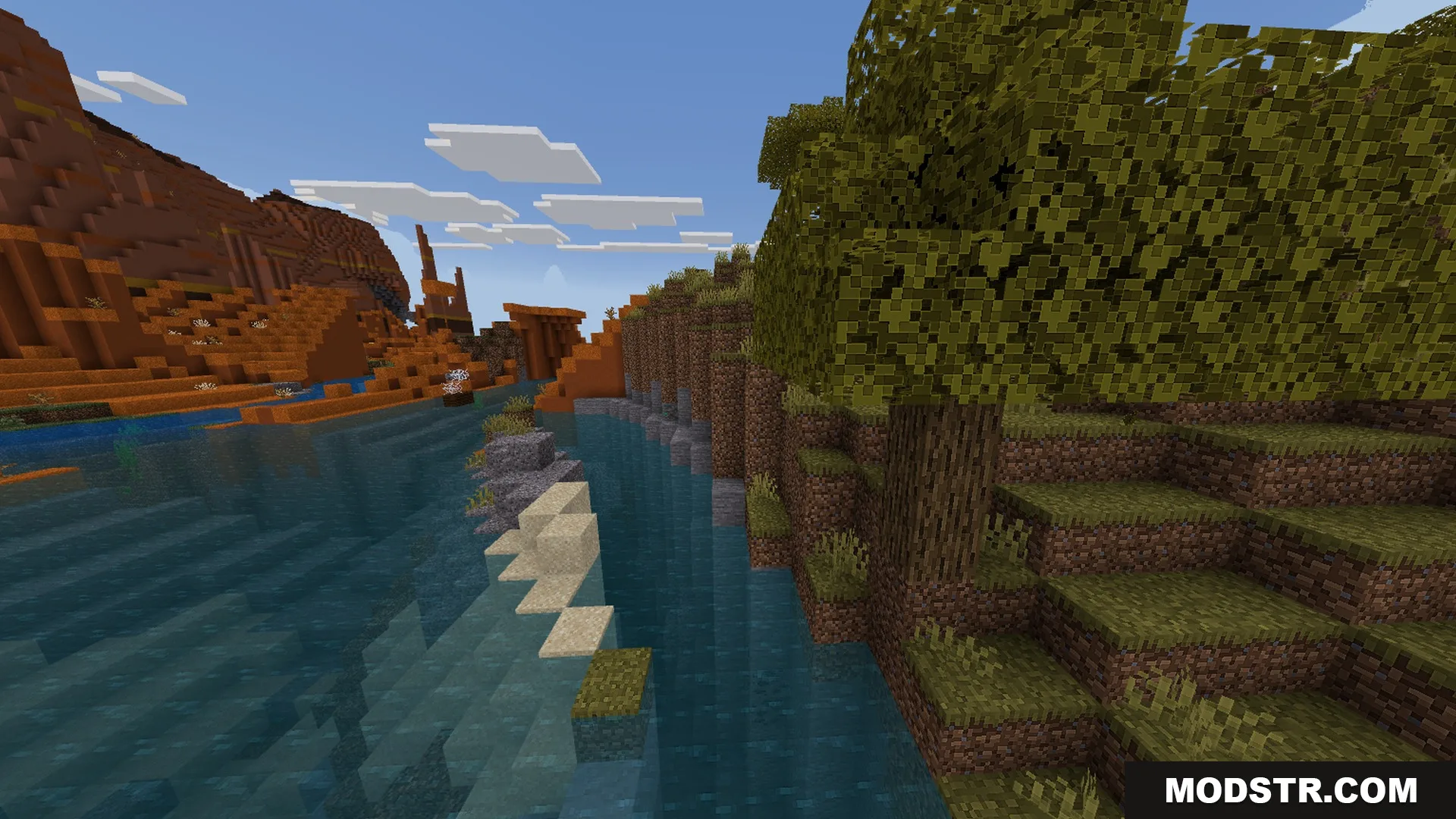 Newb NightfFall Official Shader Screenshot 3 A scenic river flows between a red mesa and a lush forest biome