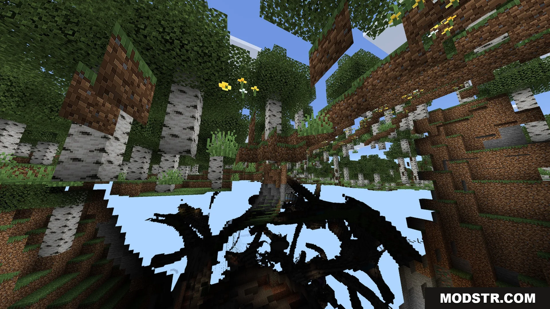 Newb NightfFall Official Shader Screenshot 2 A view from underneath the ground showing birch trees and floating grass blocks
