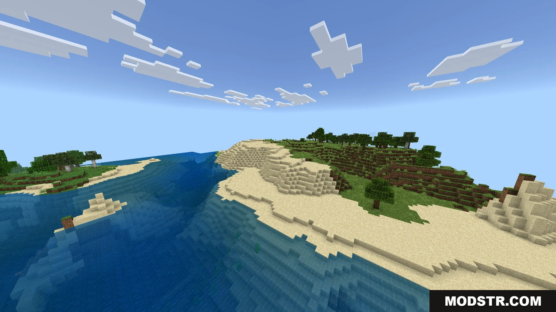 Newb NightfFall Official Shader Screenshot 1 A scenic Minecraft landscape with a sandy beach and clear blue ocean water