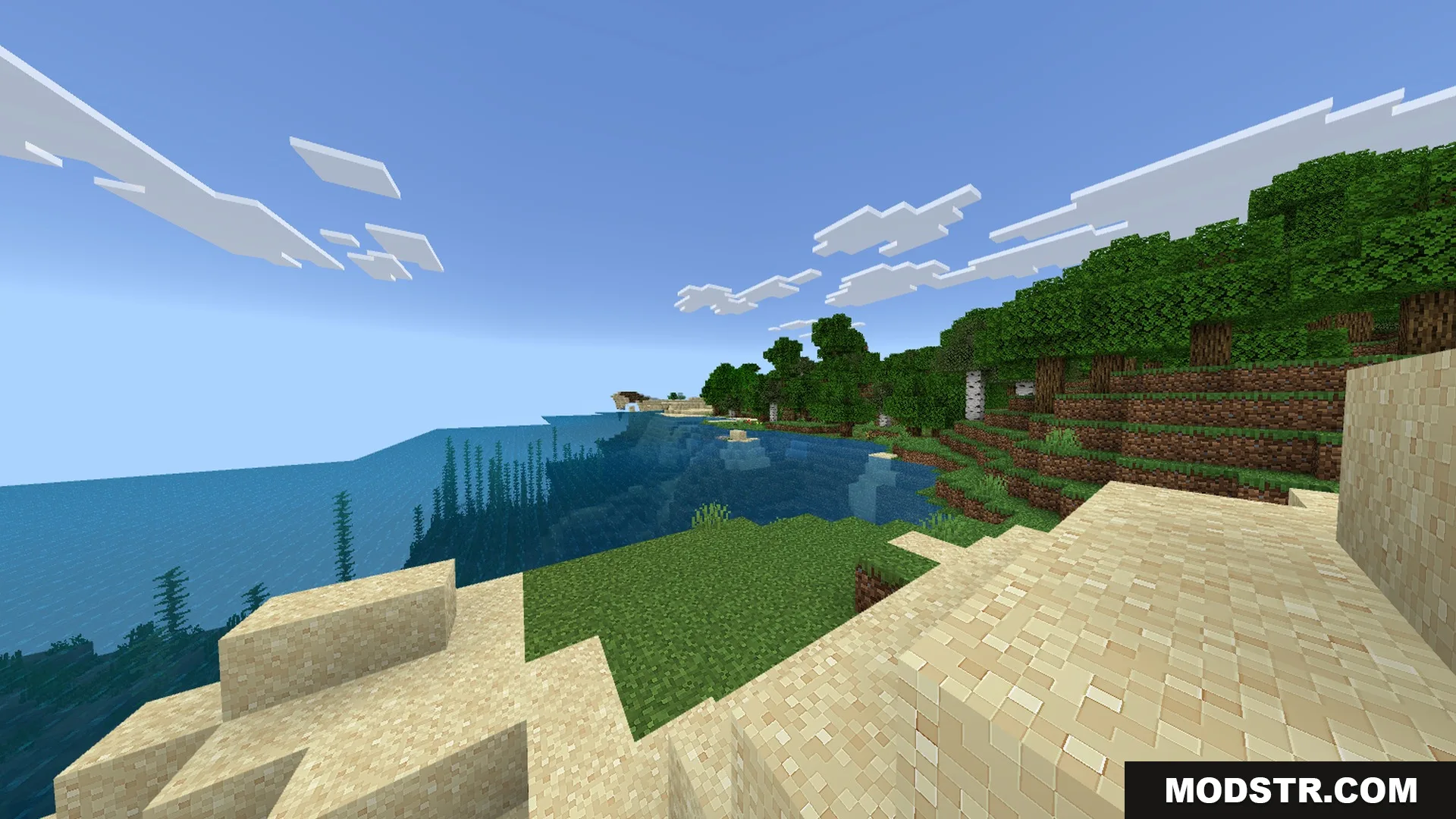 Newb NightfFall Official Shader Screenshot 4 A bright coastal view featuring sandy shores and clear blue ocean water