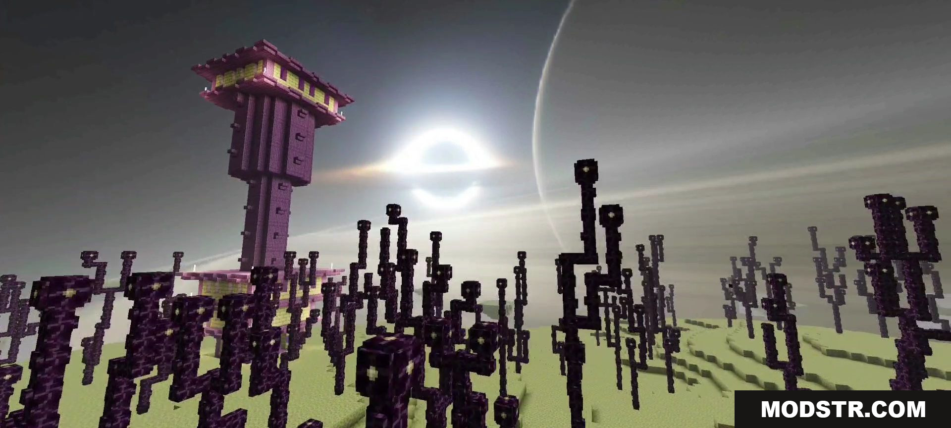 End city tower and chorus plants under a black hole sky