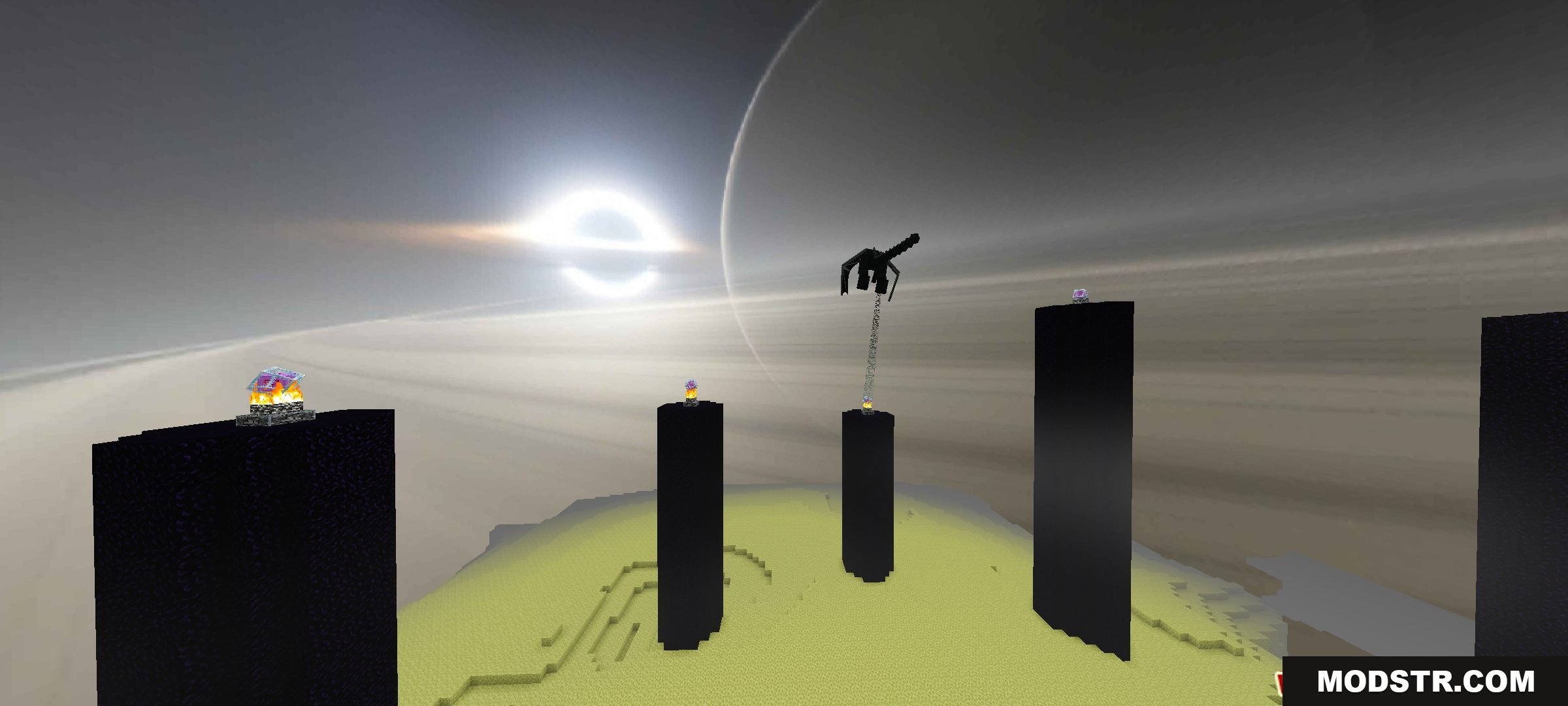 Massive black hole skybox above obsidian pillars in the End dimension