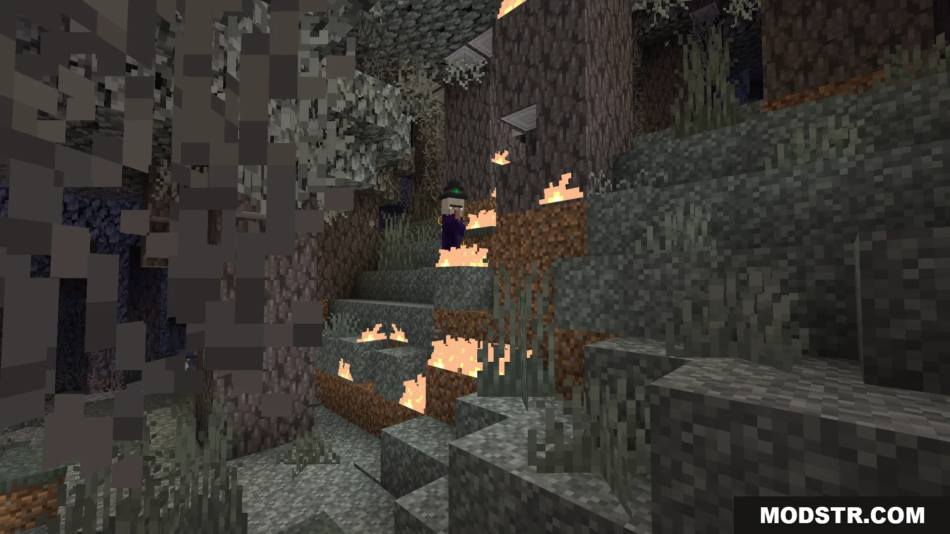 A witch in a dark forest with fire and cobwebs under balanced lighting