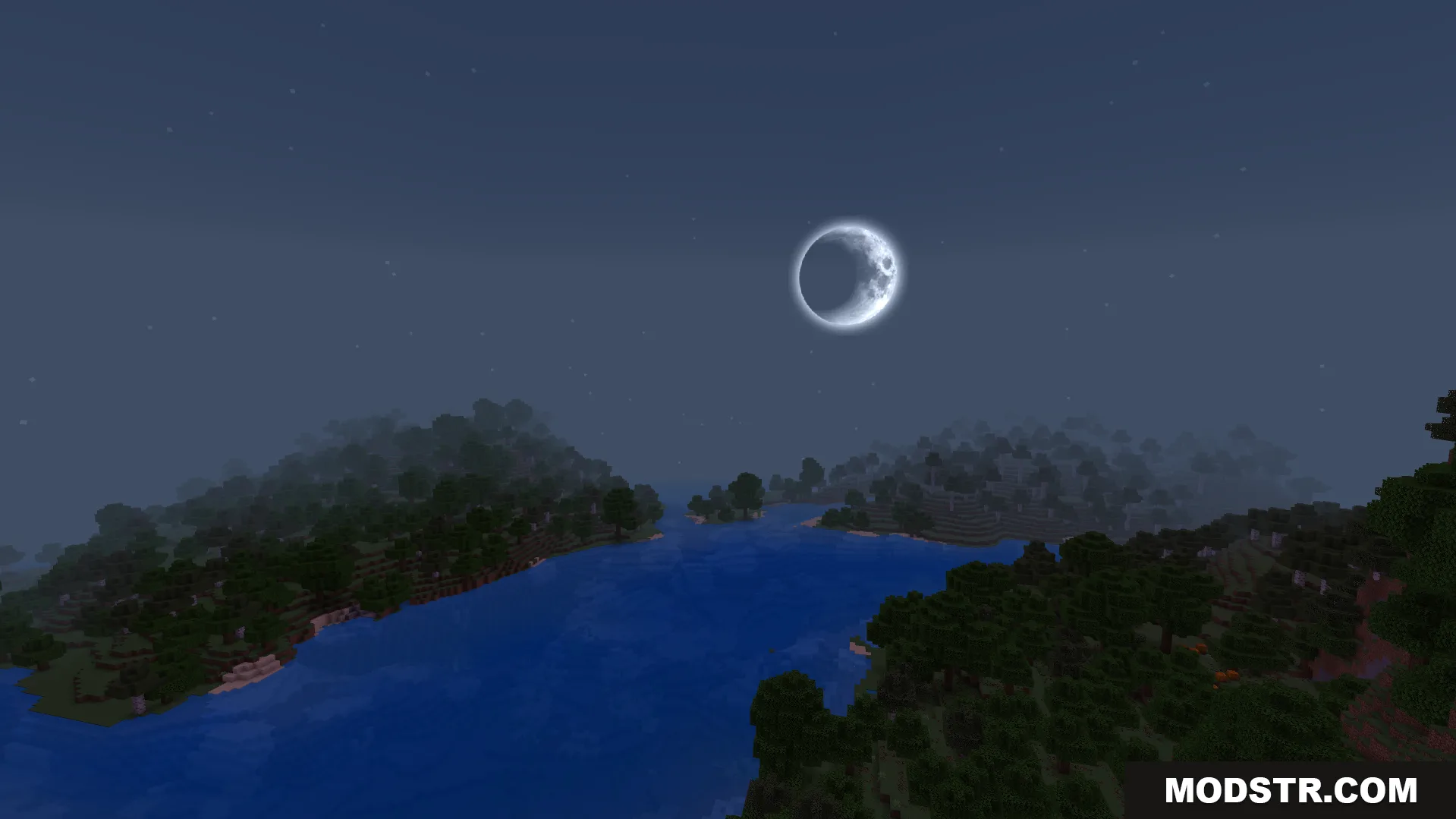 Realistic round moon in a dark starry night sky over a river