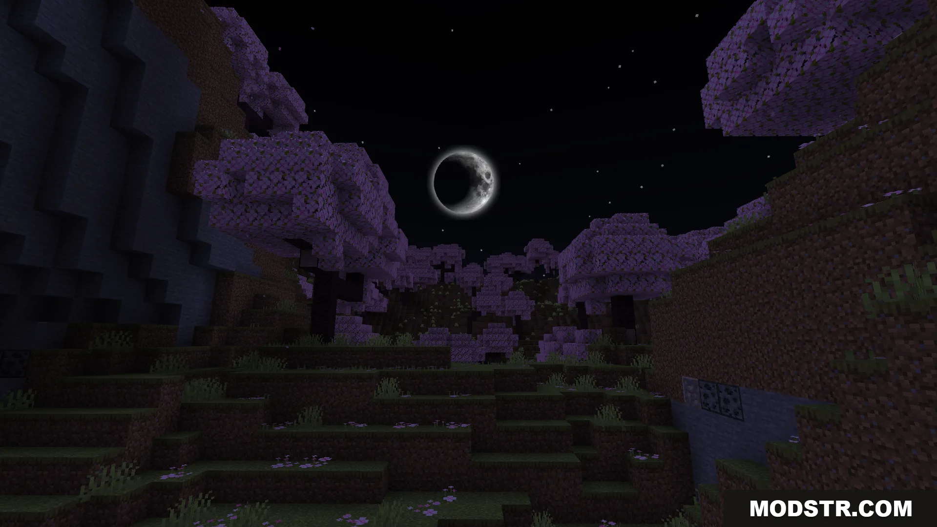 Realistic moon shining over cherry blossom trees in a purple night sky