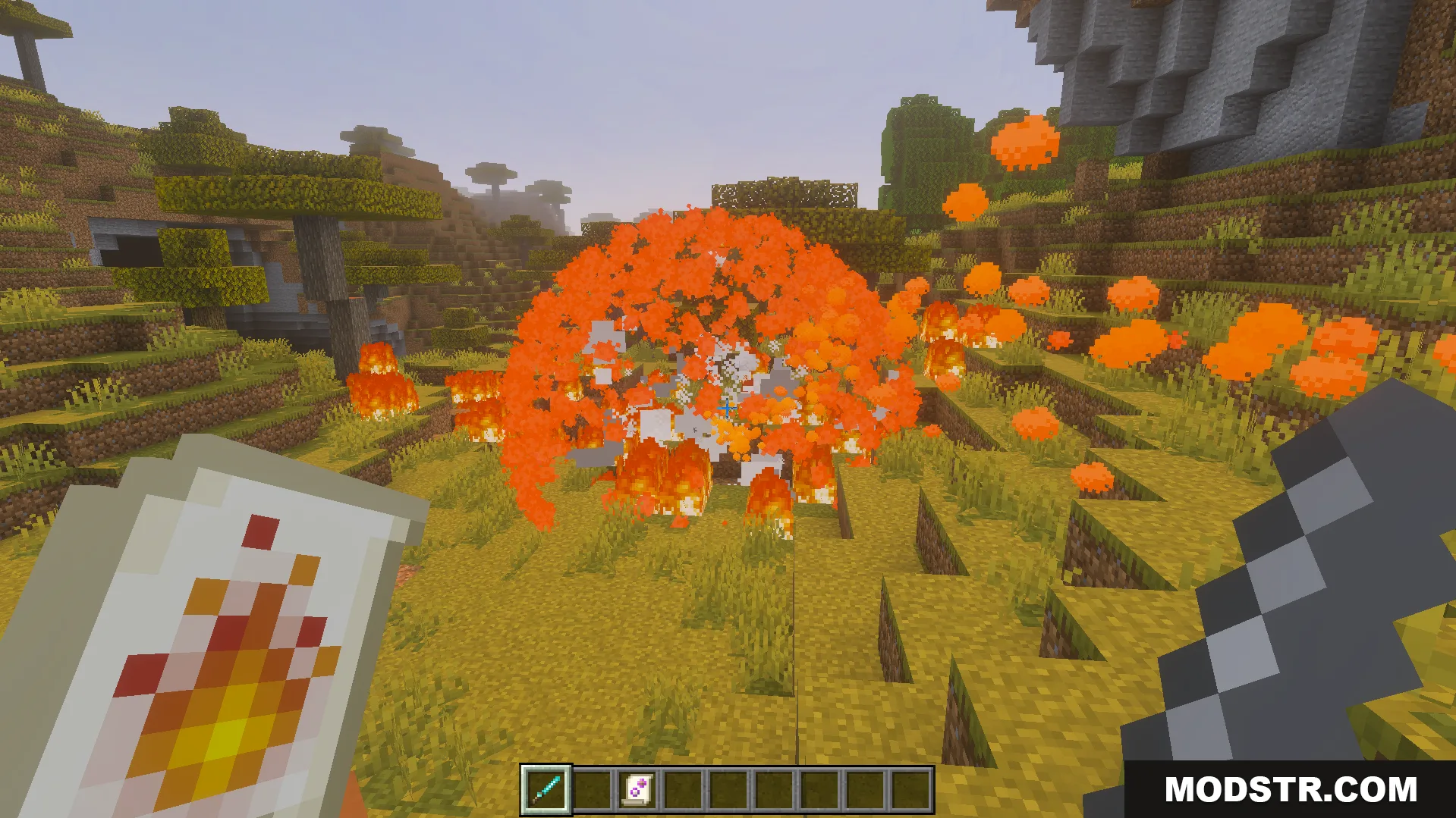 A player uses a fire spell scroll to create a large explosion