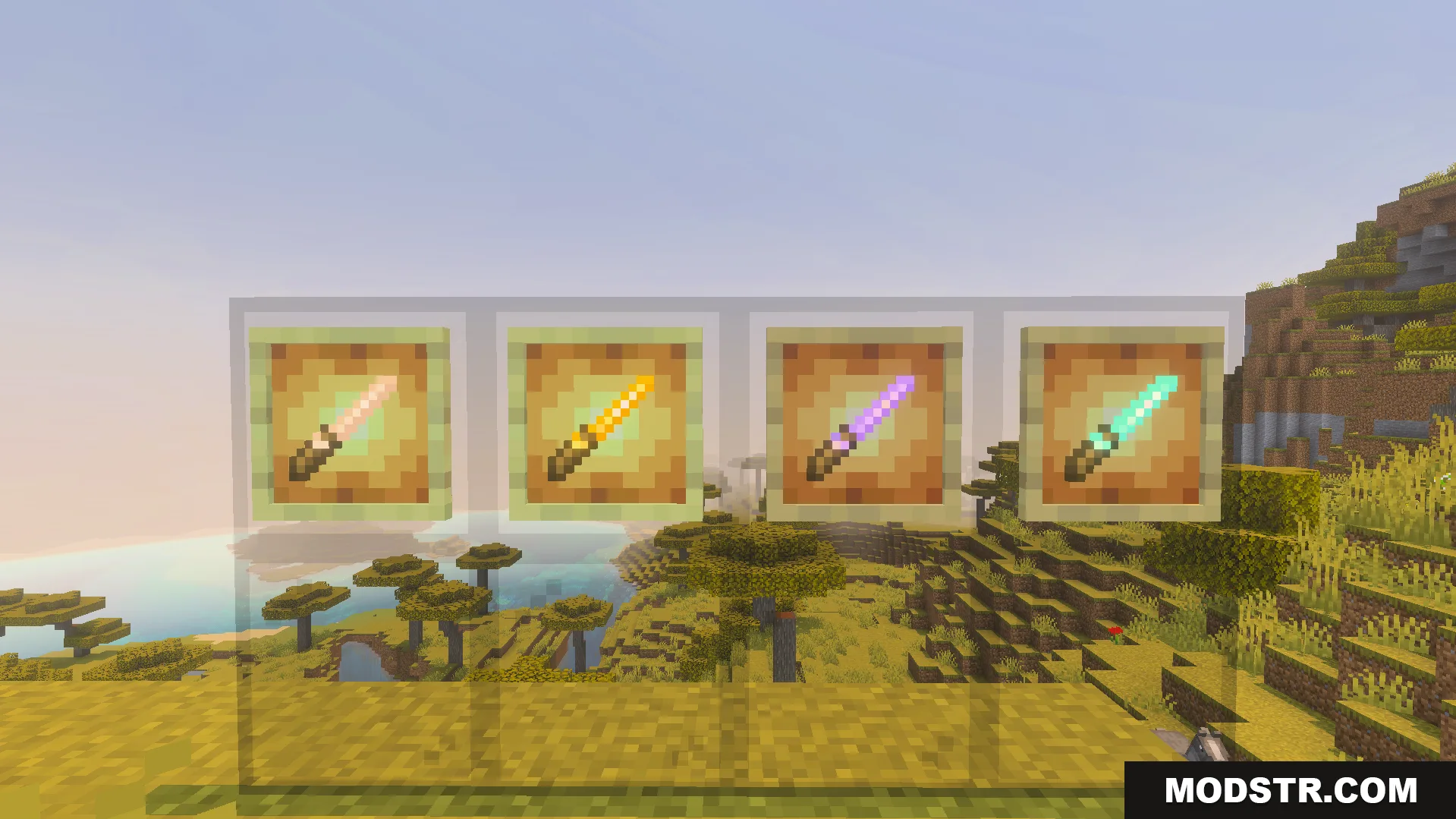 Four colorful enchanted magic wands displayed in item frames on a hill