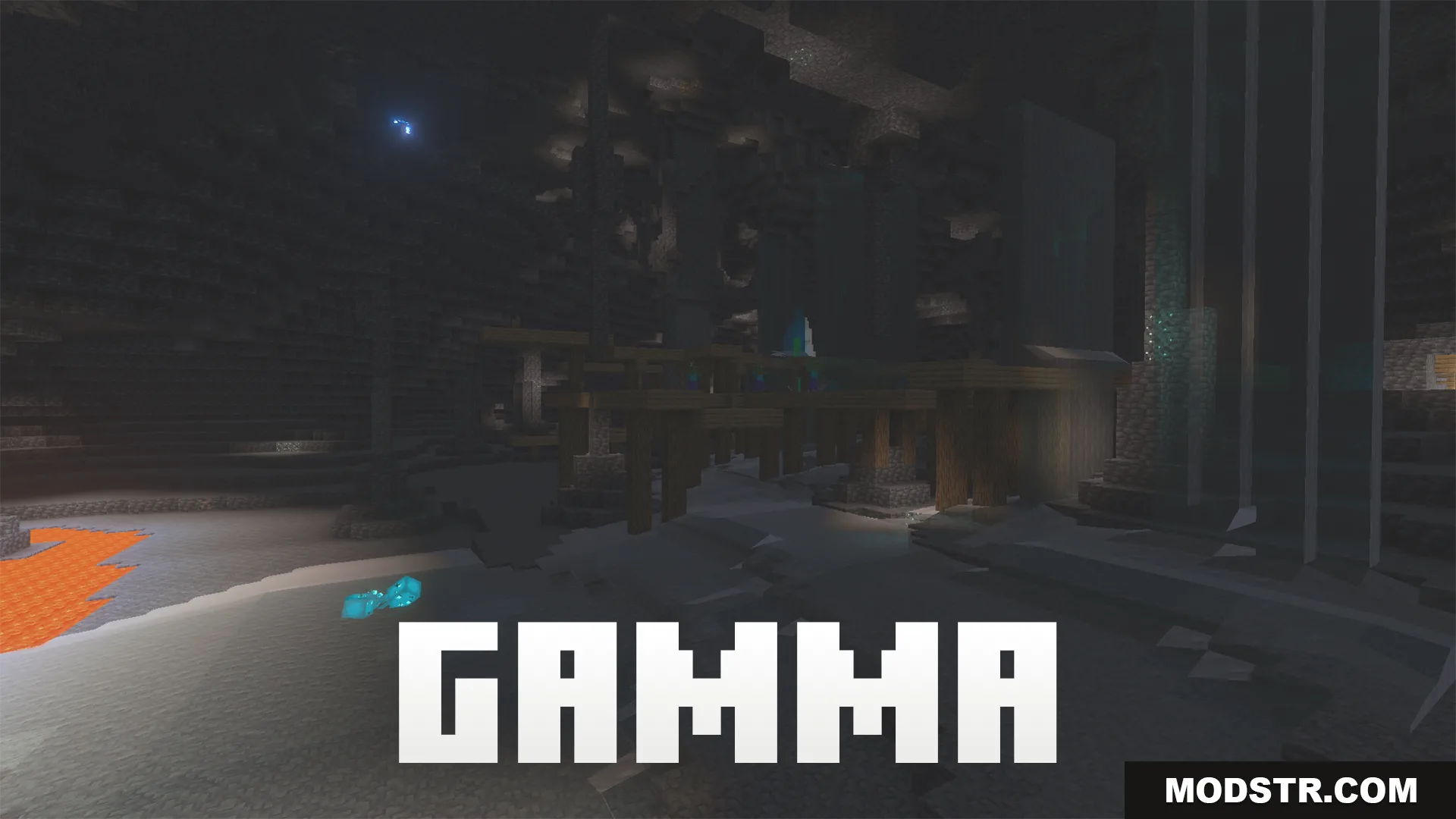 Night Vision Gamma Addon Screenshot 8 bright cave scene with gamma text showing increased lighting without placing torches