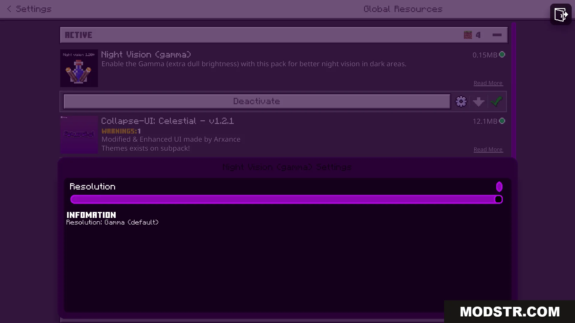 Night Vision Gamma Addon Screenshot 2 Settings menu for Night Vision Gamma with resolution slider