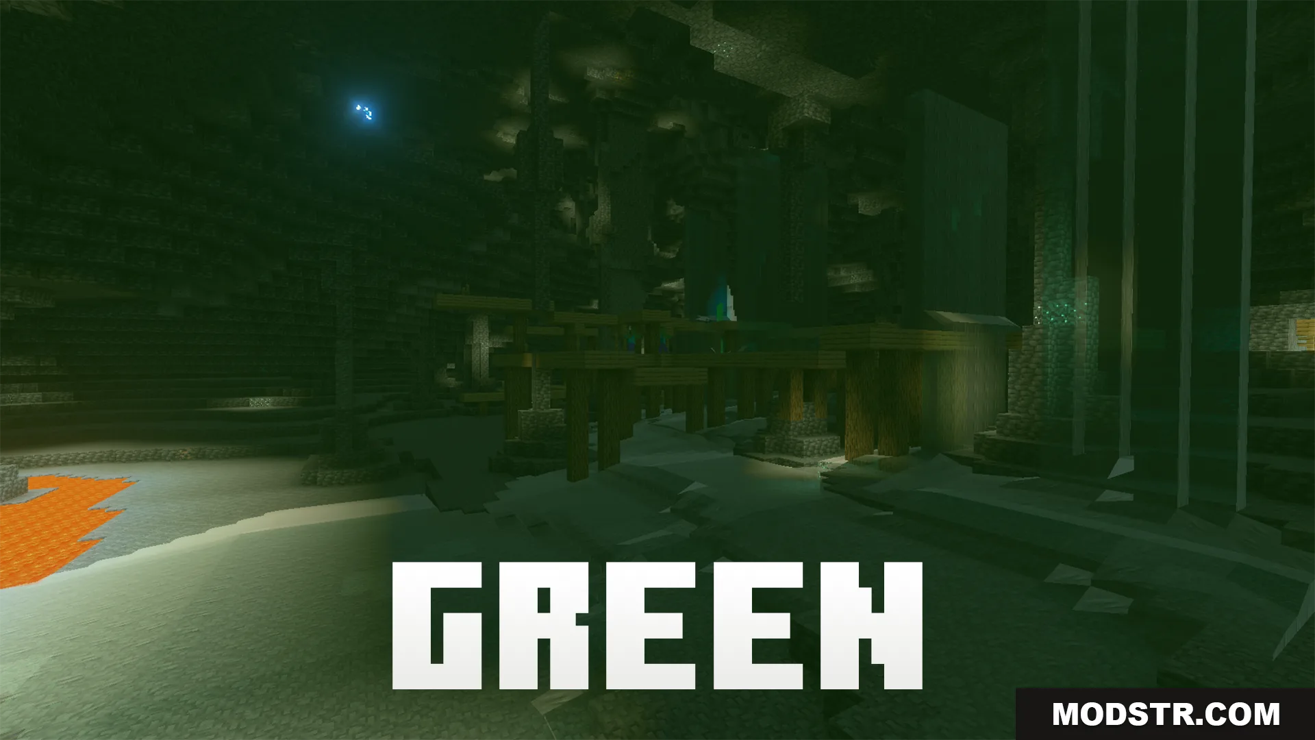 Night Vision Gamma Addon Screenshot 9 Special green light mode illuminating a dark underground cave with an abandoned mineshaft