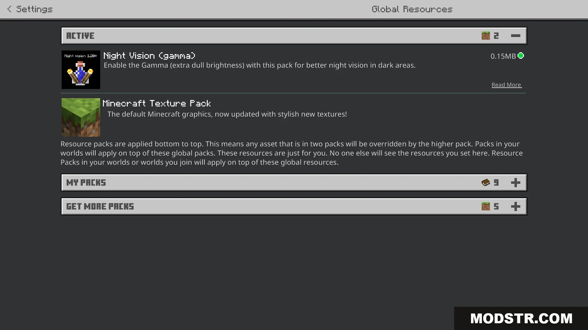Night Vision Gamma Addon Screenshot 1 Global Resources menu showing active Night Vision Gamma pack