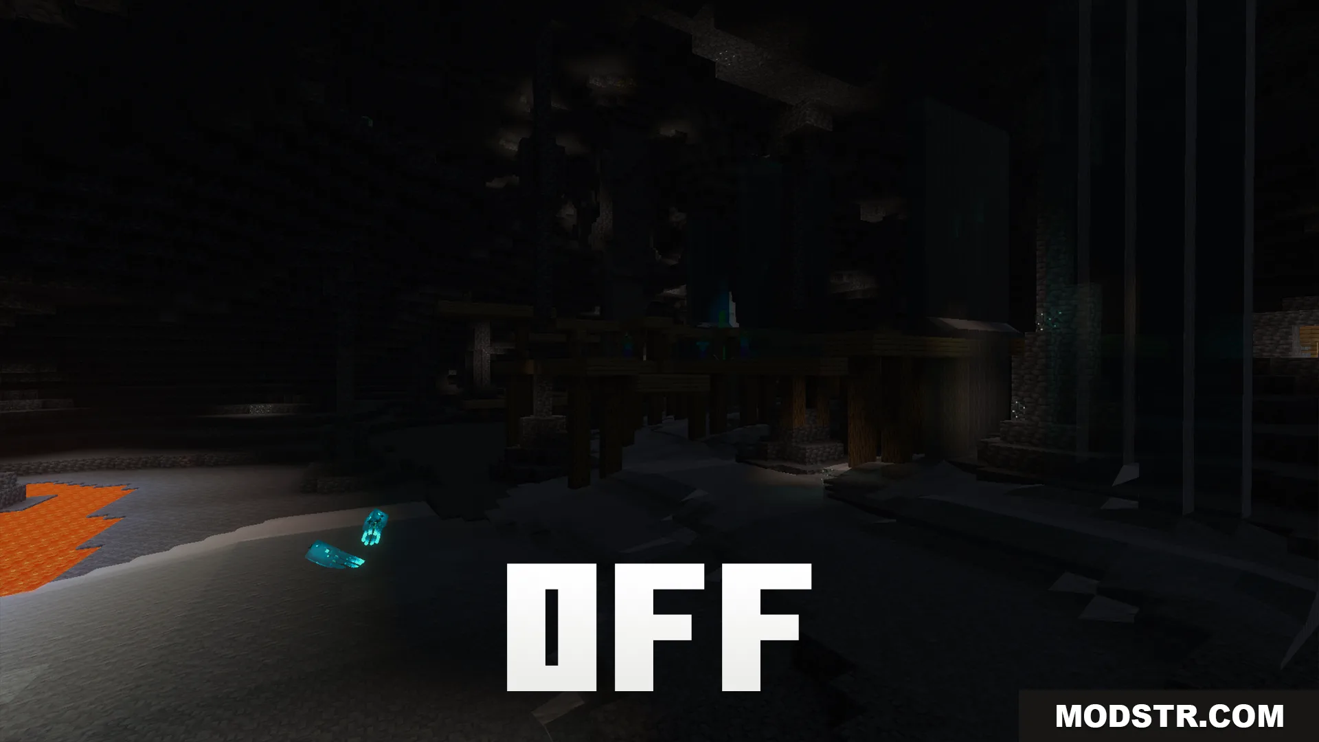 Night Vision Gamma Addon Screenshot 7 dark cave scene with off text showing normal lighting before brightness increase