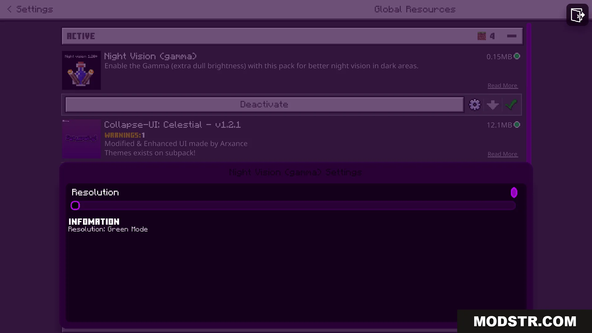 Night Vision Gamma Addon Screenshot 3 Global resources menu displaying the green mode resolution setting for the addon