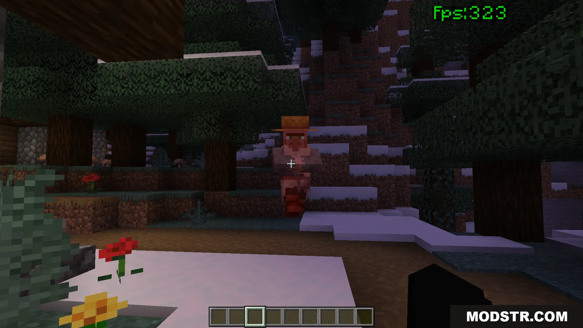 High frame rate boost shown while exploring a snowy forest with a villager
