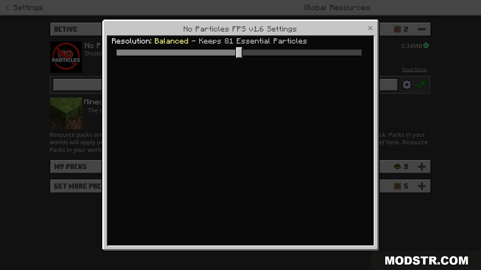 Settings menu for No Particles FPS showing Balanced resolution option
