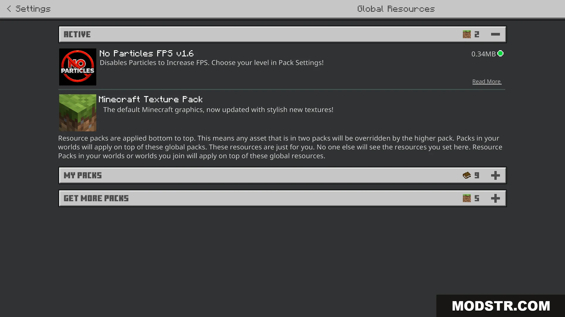 Global resources menu showing active texture packs in settings