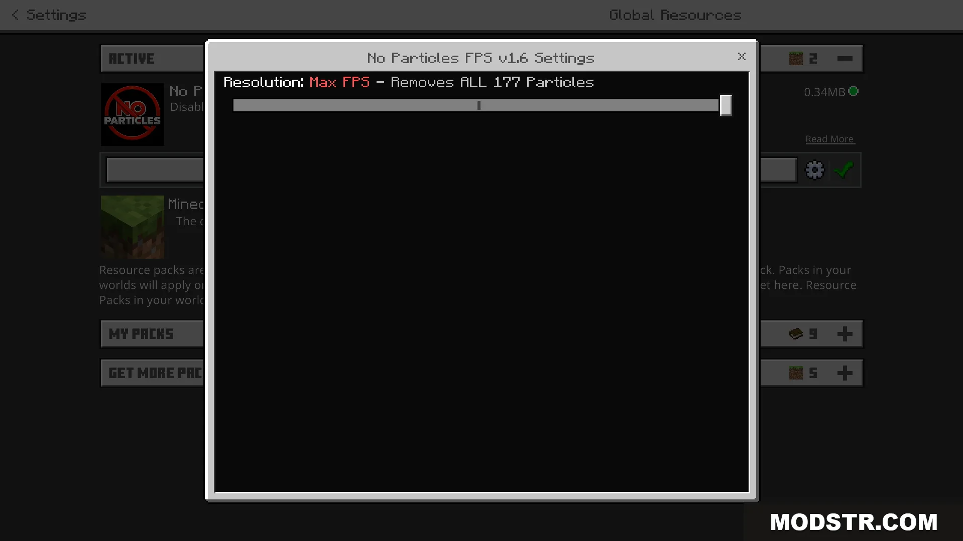 Settings menu for No Particles FPS showing Max FPS resolution option