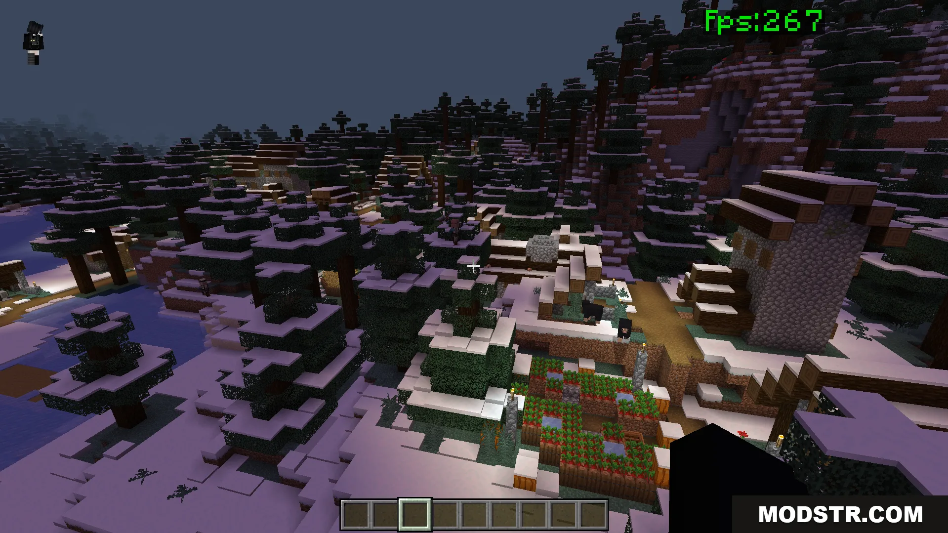 Snowy taiga village showing improved game performance with a high frame rate