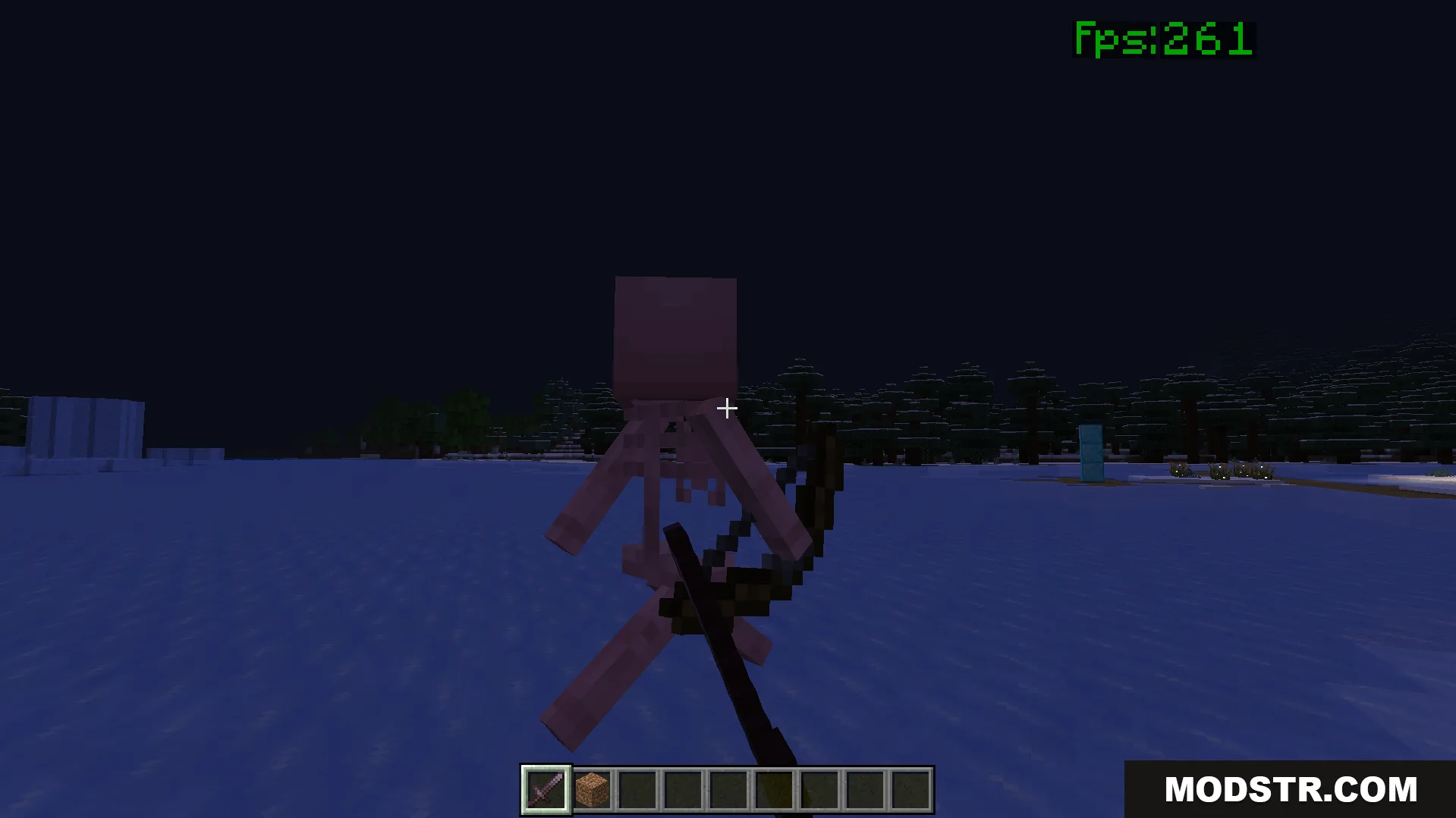 Player fighting skeleton at night showing high fps counter and no damage particles