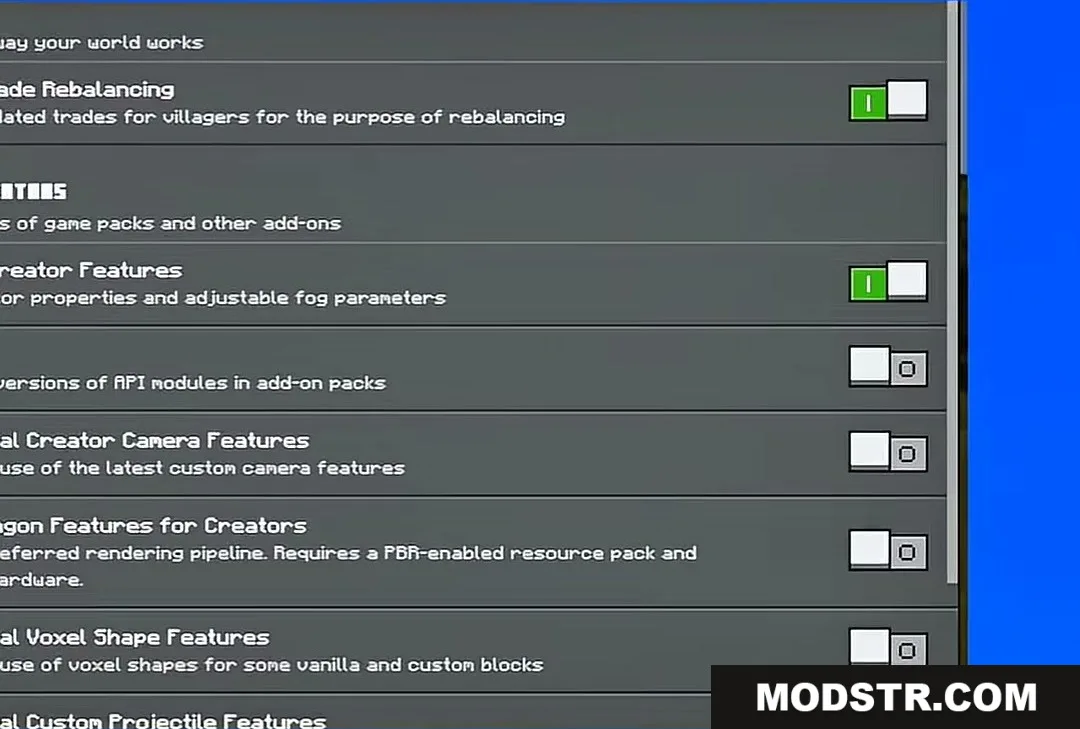 NO WAY MOD Addon Screenshot 2 Minecraft world settings menu with experimental features toggled on for the addon