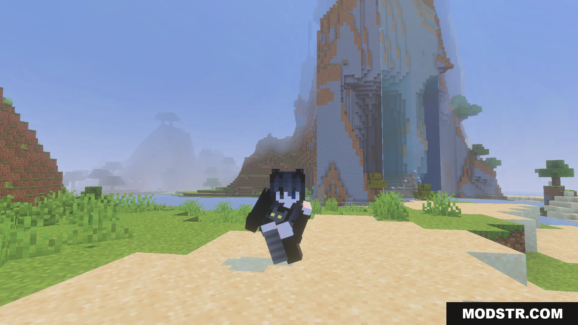 Not Enough Emotes Addon Screenshot 10 Minecraft character performing a custom dance animation near a large mountain
