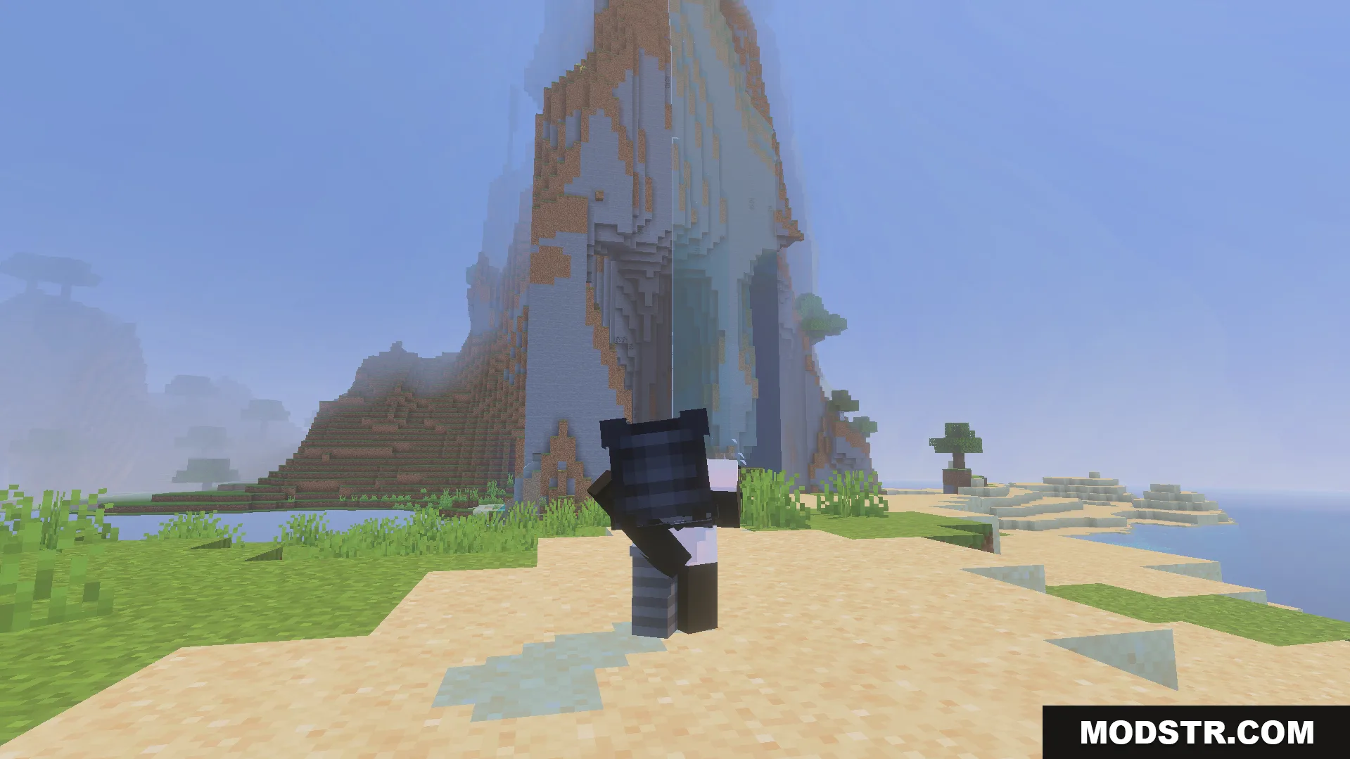 Not Enough Emotes Addon Screenshot 8 A character performing a custom animation while looking at a large mountain