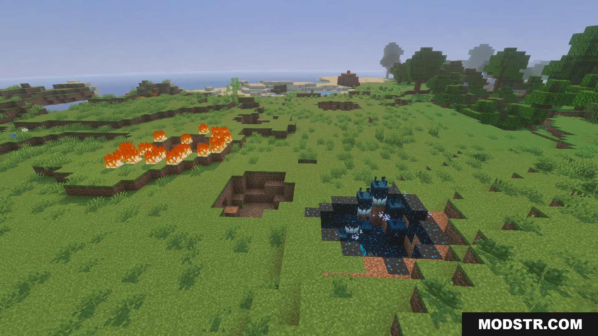 Not Enough TNT Addon Screenshot 9 Crater with sculk blocks and fire in grassy landscape