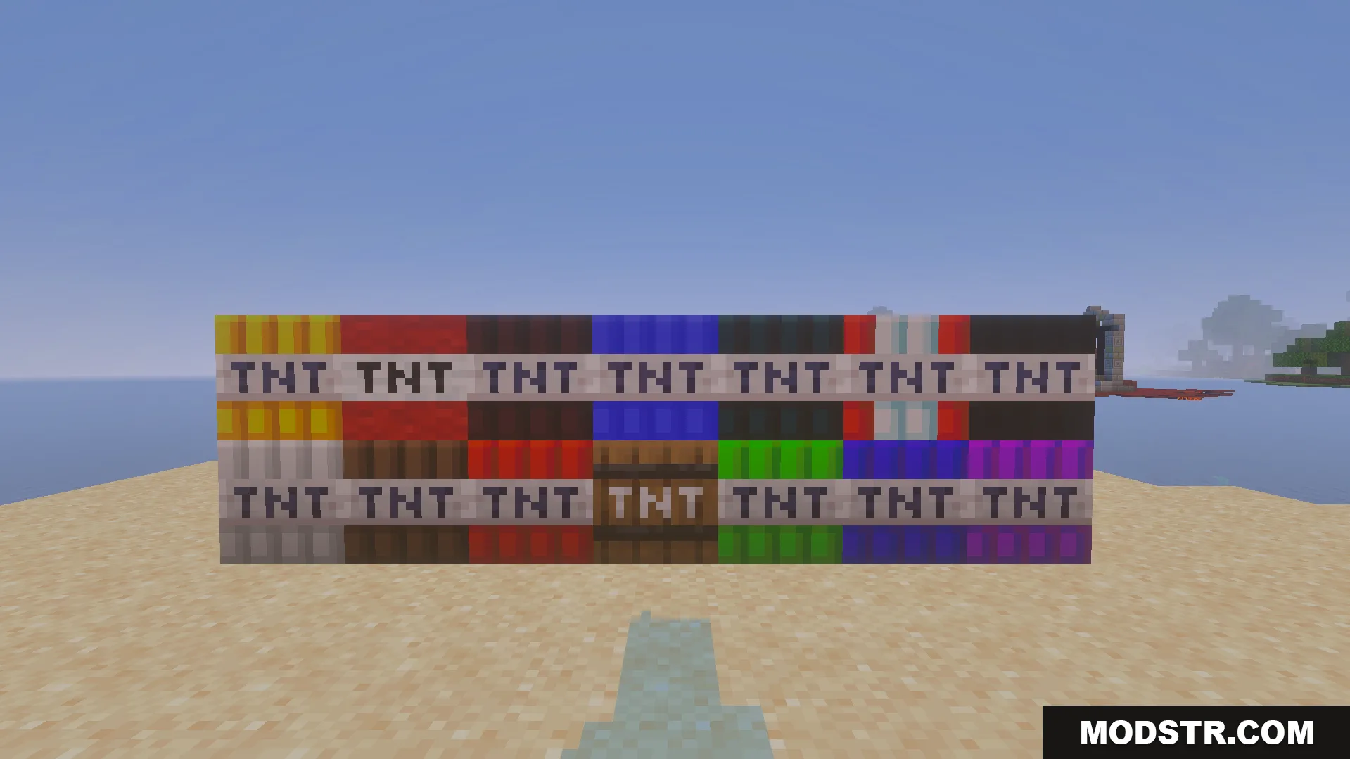 Not Enough TNT Addon Screenshot 2 display of many new types of custom explosive blocks stacked on sand