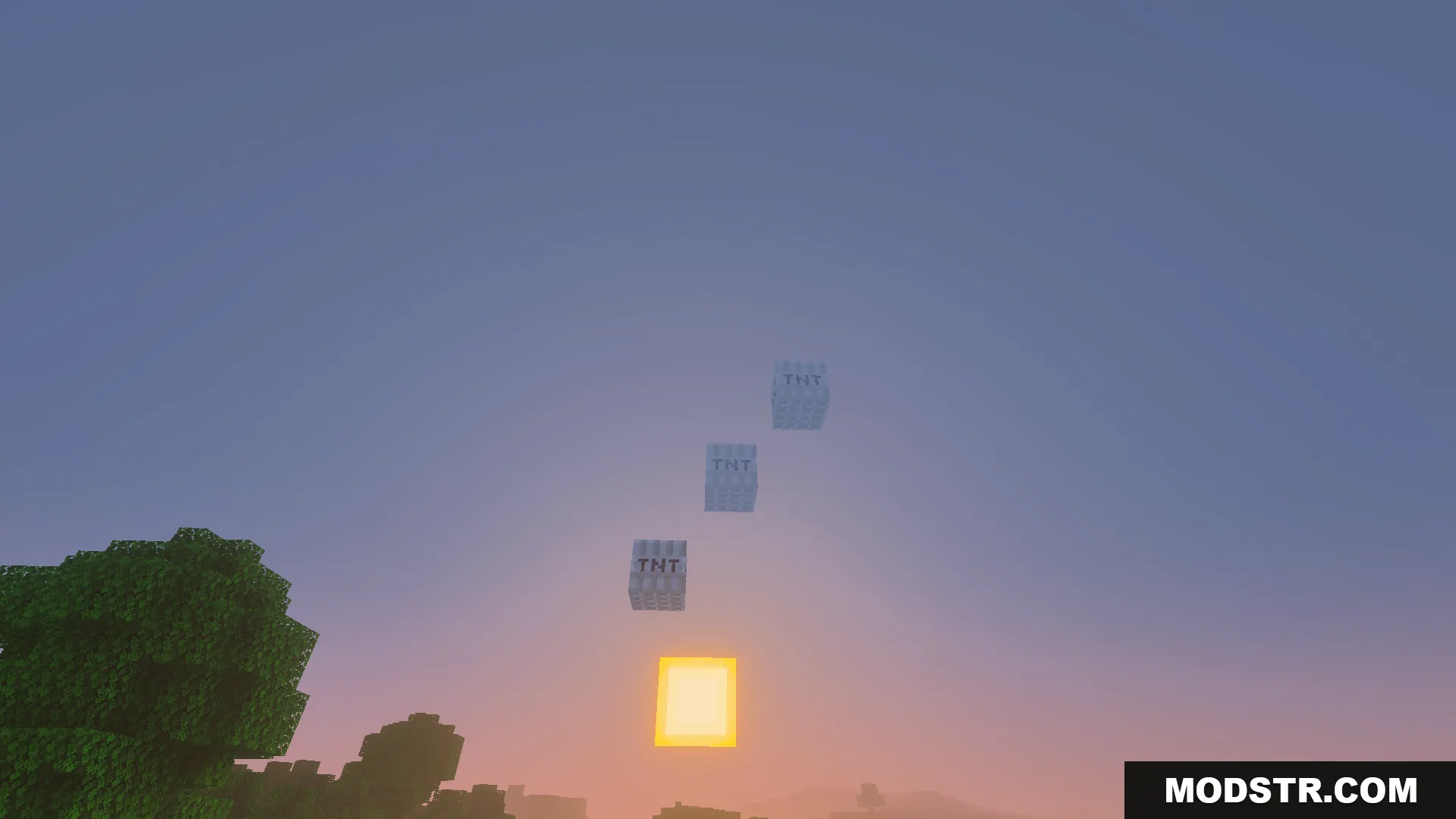 Not Enough TNT Addon Screenshot 5 Three fake explosive blocks floating in the sky at sunset