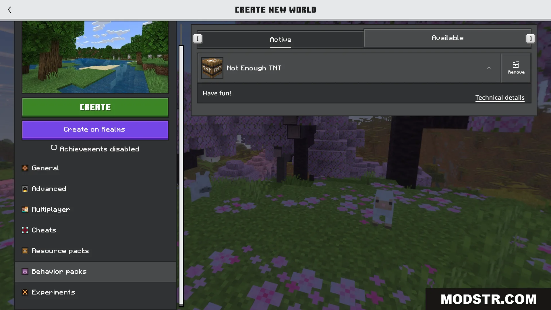 Not Enough TNT Addon Screenshot 1 create new world menu showing not enough tnt behavior pack is active