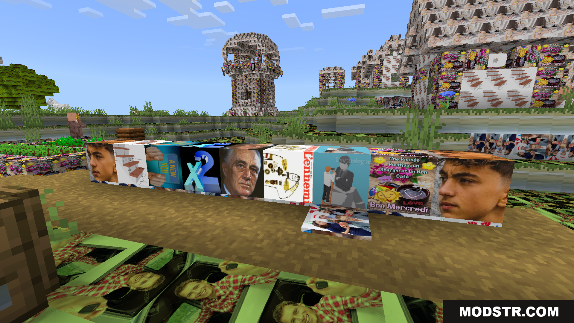Objet Traduit 100x Natop Texture Pack Screenshot 9 A line of blocks shows off various funny and chaotic textures