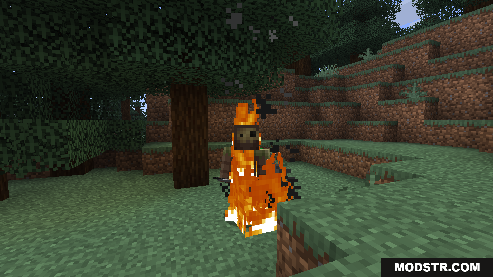 Player character on fire with a much smaller flame effect