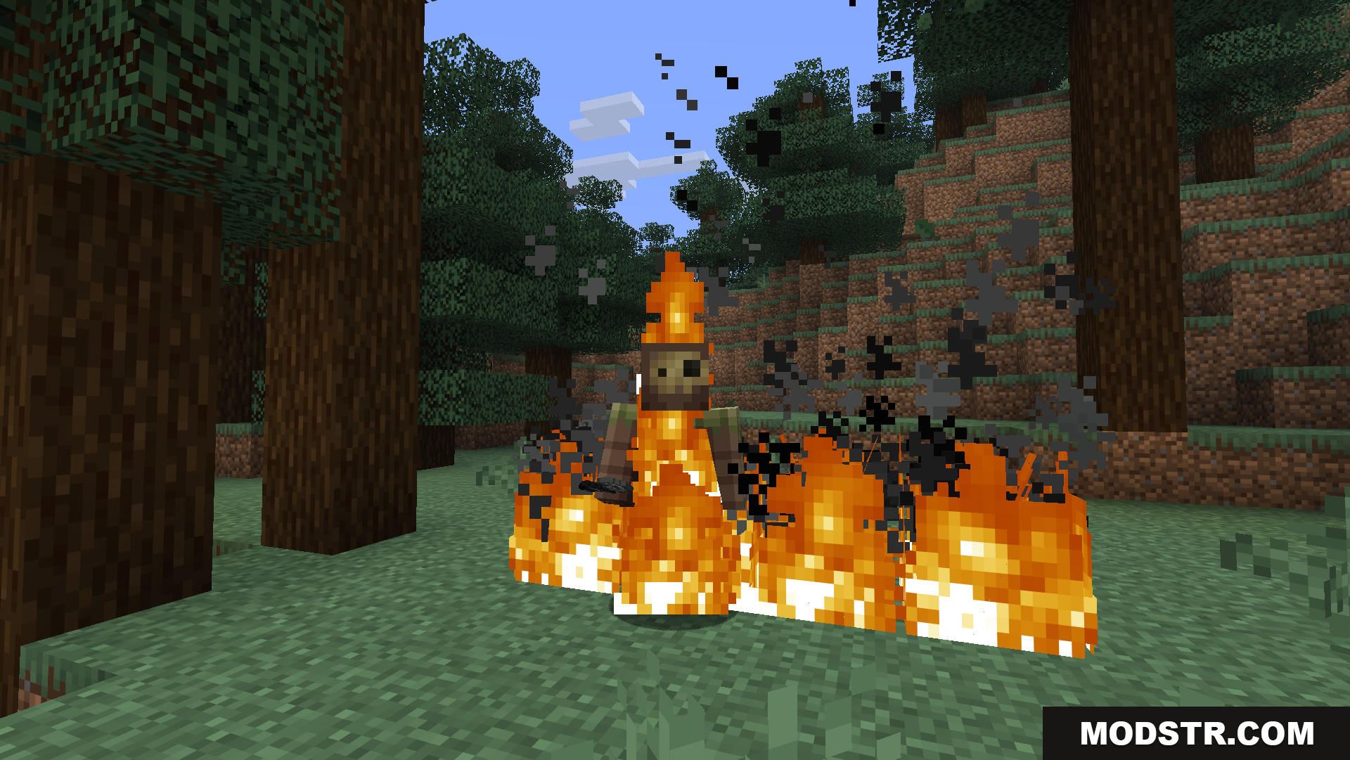 Player on fire with low flames for better screen visibility