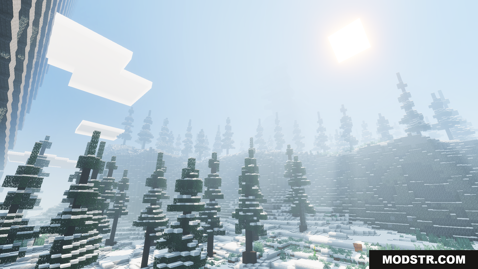Odyssey Deferred Texture Pack Screenshot 3 Thick fog and realistic lighting in a snowy forest biome