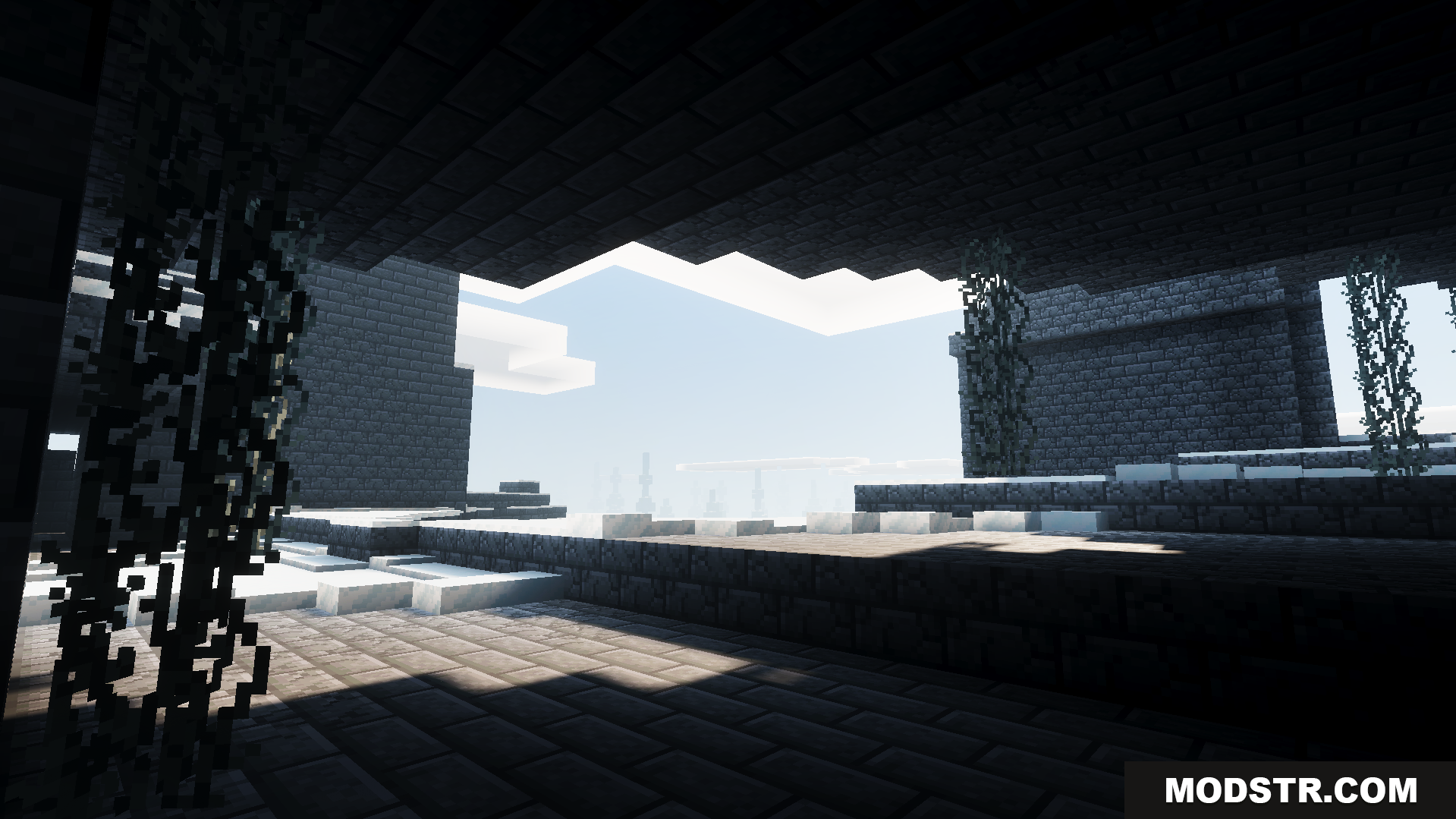 Odyssey Deferred Texture Pack Screenshot 4 Realistic lighting creates deep shadows within a dark stone structure