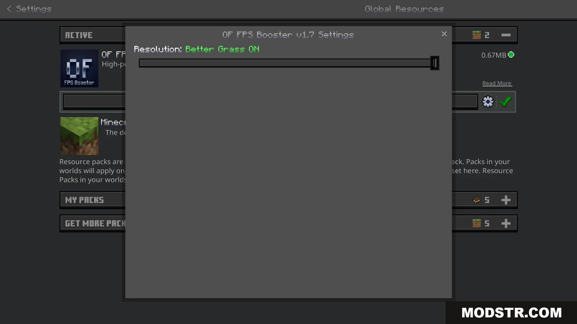 Settings menu for the texture pack showing the resolution slider