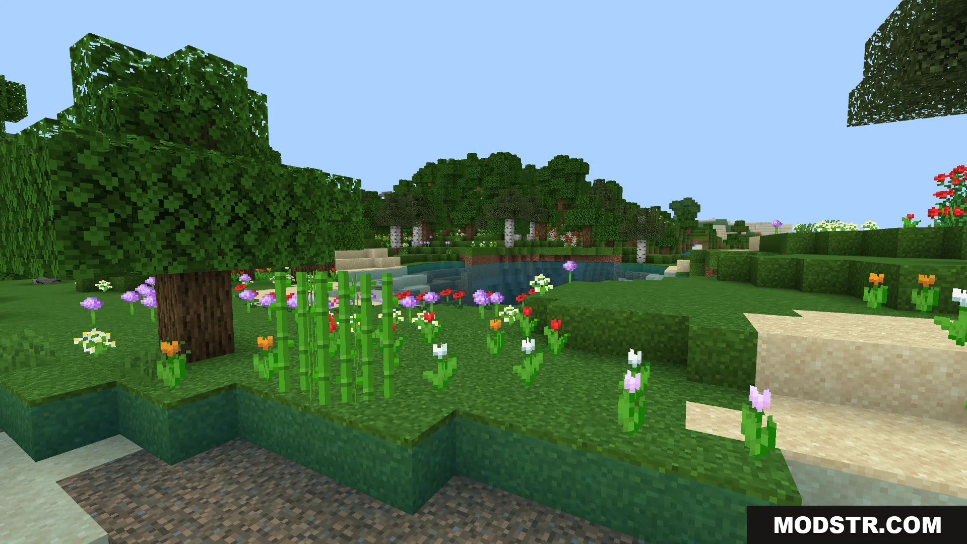 clear water rendering and classic style textures near a small pond with flowers