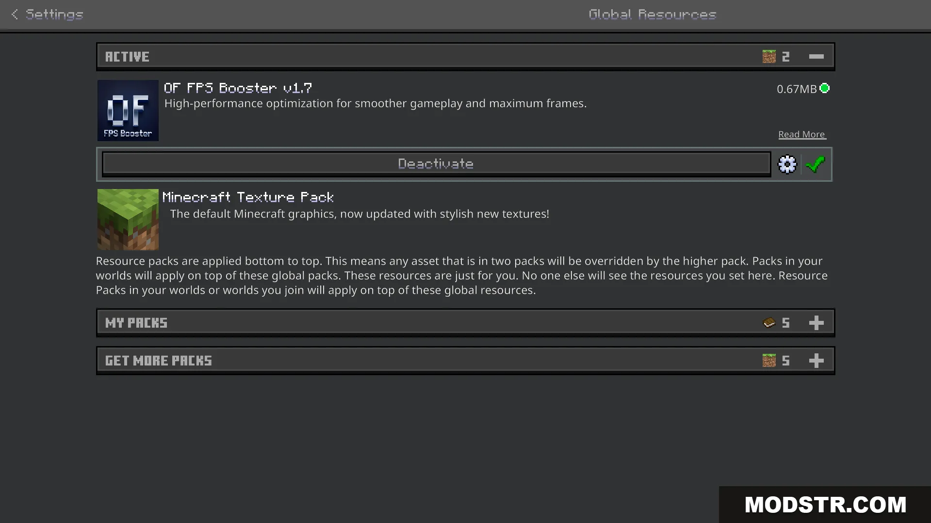 Global resources menu showing the active texture pack for smoother gameplay