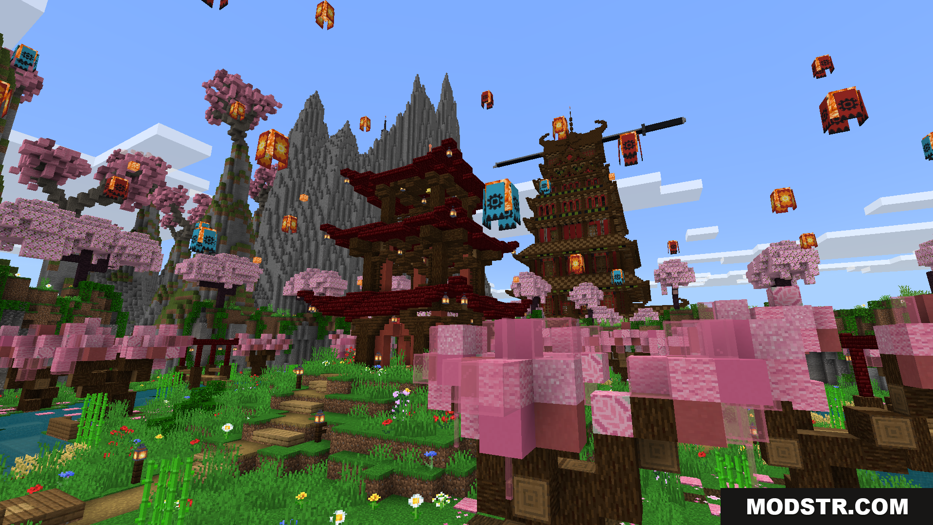 Explore traditional houses and tall pagodas in the pink forest