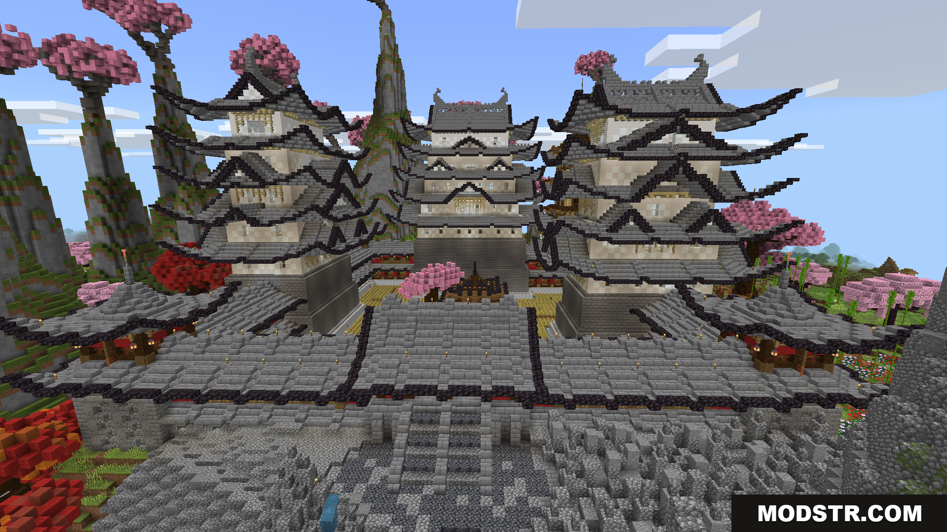 A beautiful city of traditional houses in a pink forest