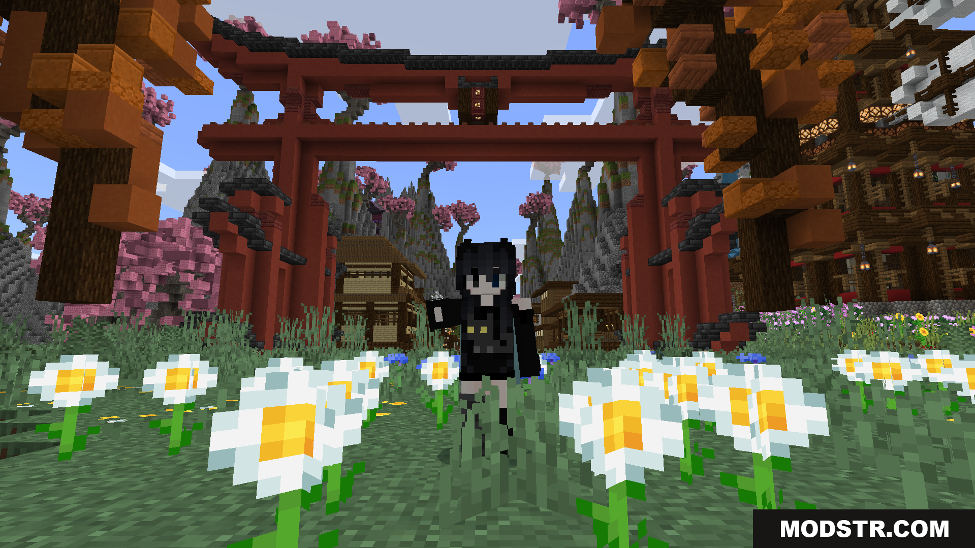 A player stands before the large main entrance called a Torii