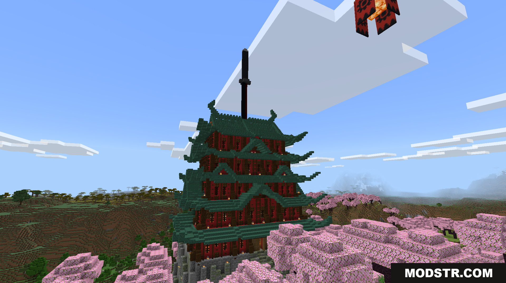 A tall pagoda stands among the pink trees in the biome