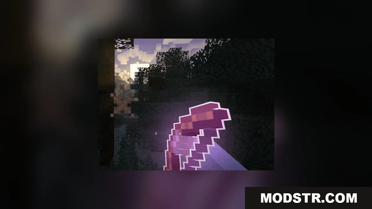 Omnis' Enchantments Resource Pack Screenshot 2 An enchanted bow with a purple outline and arrow being drawn in the woods
