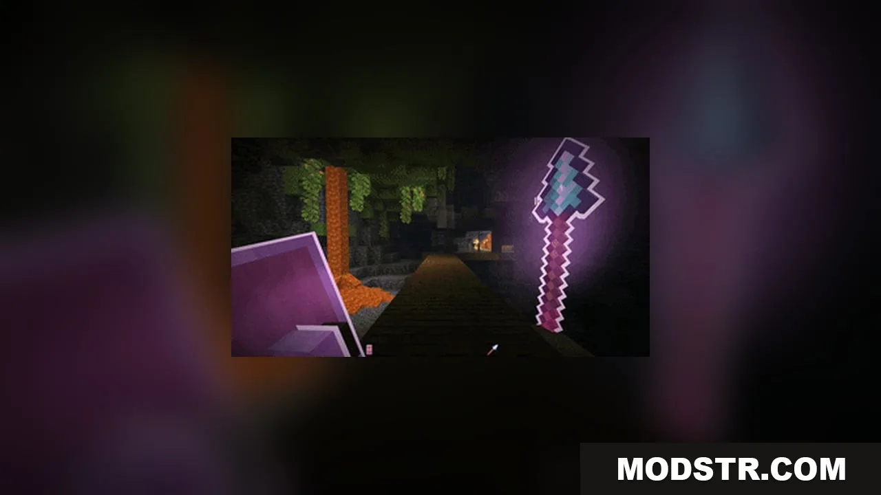 Omnis' Enchantments Resource Pack Screenshot 5 An enchanted trident with a purple glowing outline and runic particles in caves