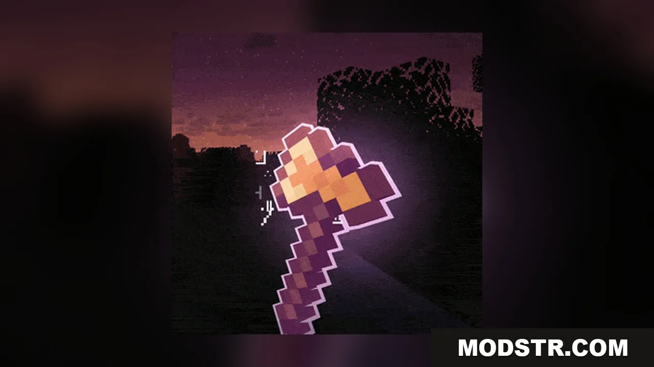 Omnis' Enchantments Resource Pack Screenshot 7 Enchanted golden axe with a glowing purple outline held against a dusk sky
