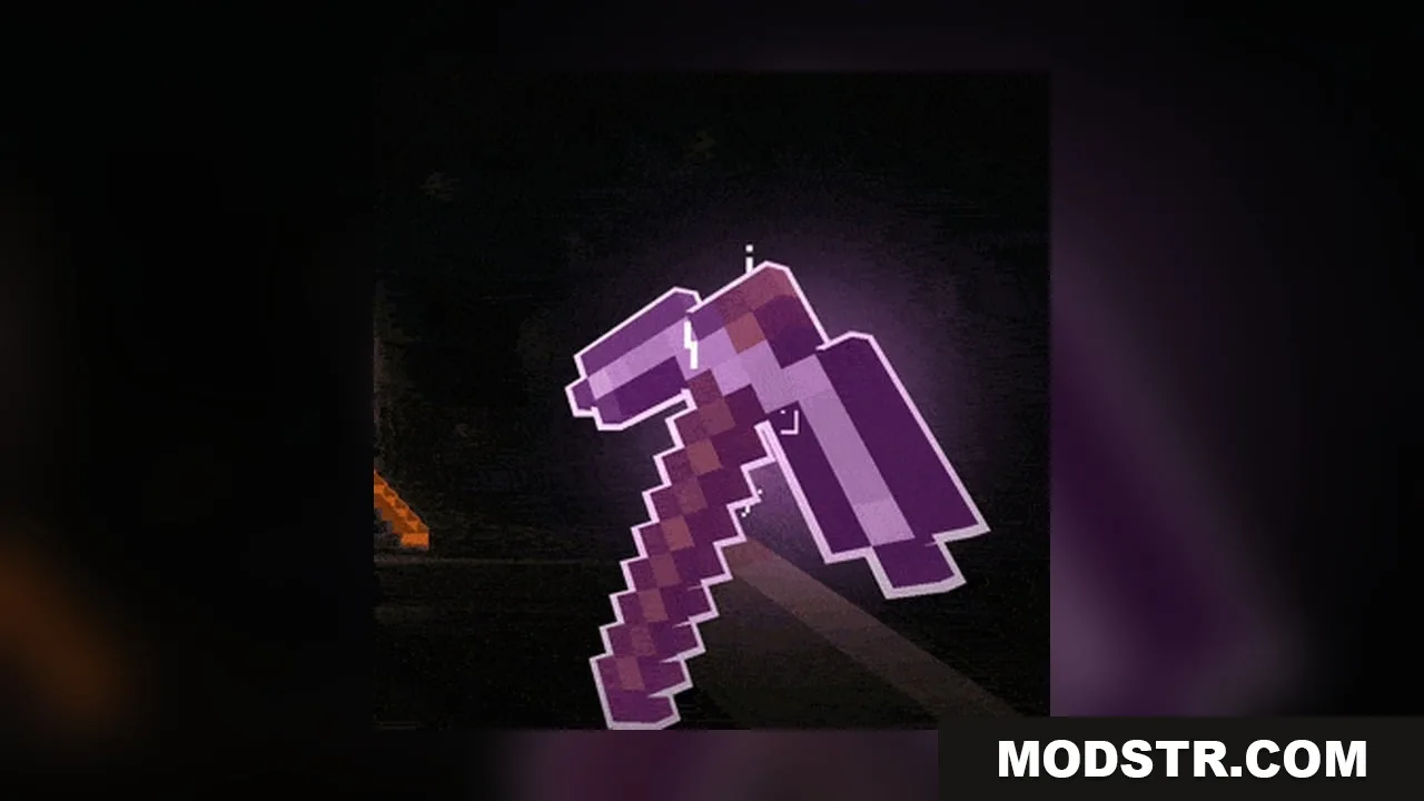 Omnis' Enchantments Resource Pack Screenshot 4 A glowing enchanted pickaxe with purple outlines and runic particles held in a cave