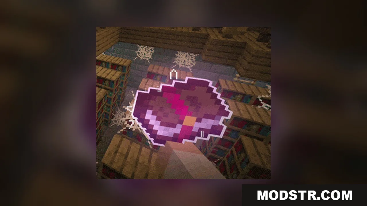 Omnis' Enchantments Resource Pack Screenshot 9 An enchanted book with a purple glow and white outline in a library