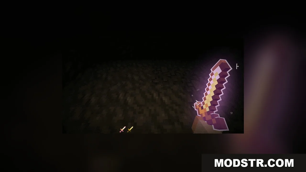 Omnis' Enchantments Resource Pack Screenshot 8 Enchanted golden sword with a purple glow held in a dark cave environment