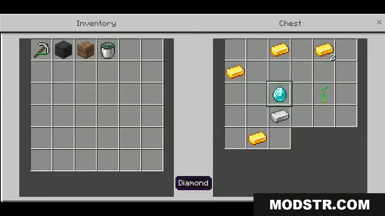 A player stores valuable items like diamonds and gold in a chest