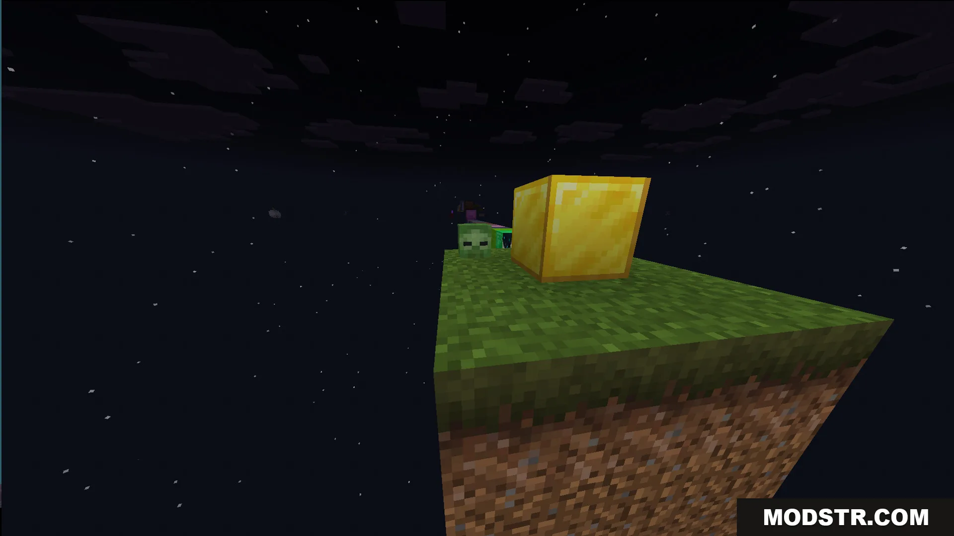 One Block Mcpower Edition Map Screenshot 4 Floating items orbiting a special gold block on a grass platform at night